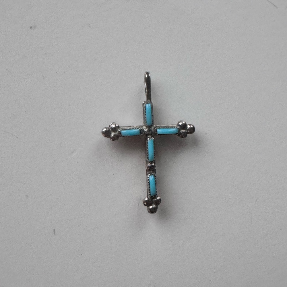 Rare Vintage Navajo Sterling Silver Double Sided Coral/Turquoise Cross Pendant